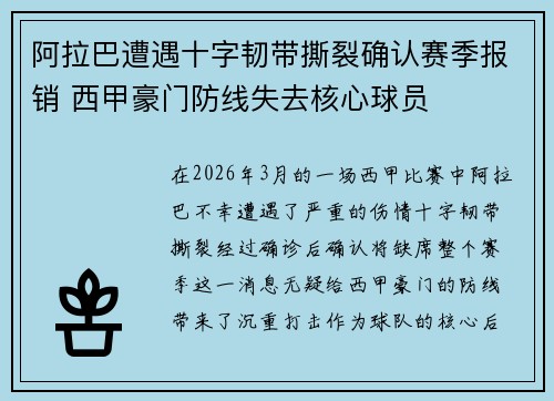 阿拉巴遭遇十字韧带撕裂确认赛季报销 西甲豪门防线失去核心球员 阿拉巴遭遇十字韧带撕裂确认赛季报销 西甲豪门防线失去核心球员